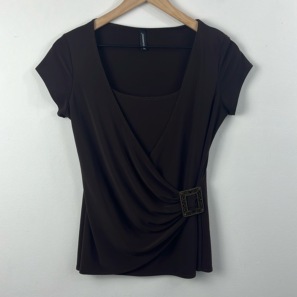 Jason Maxwell Y2K 90's Brown Gathered Ruched Faux Wrap Top Womens Size M